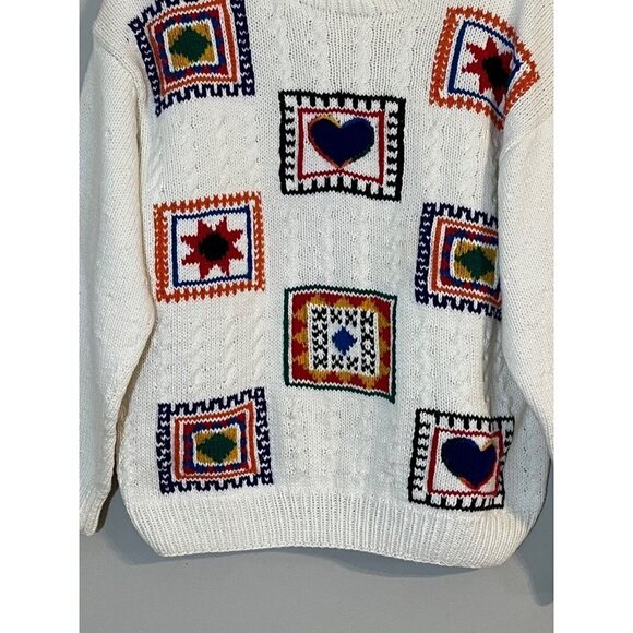 Liz Sport Sweater Women L Cream Patchwork Cable Knit Granny Festive Classic 80s - Picture 5 of 12